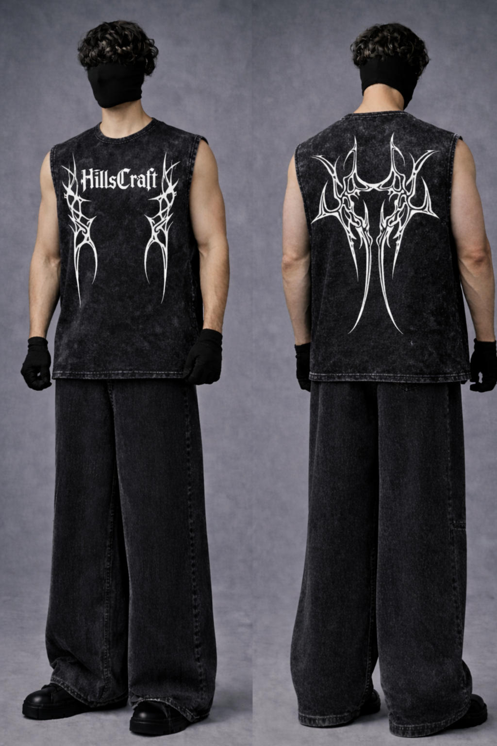 HILLSCRAFT TRIBAL Oversized Gym Vest - Acid Wash BLACK