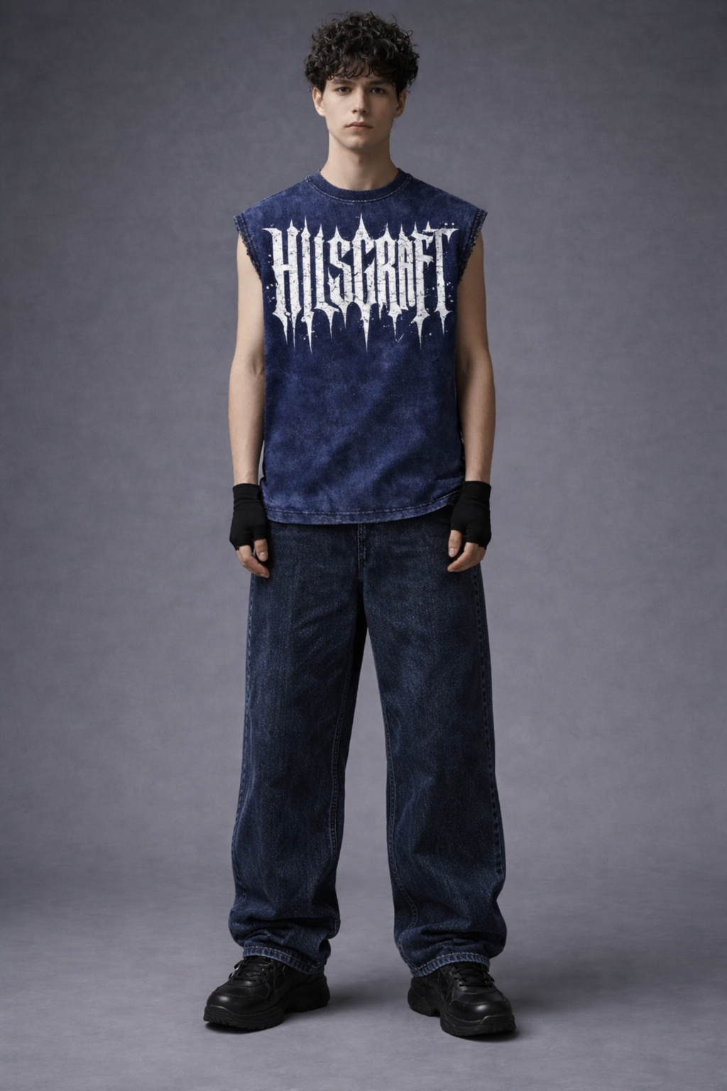 HILLSCRAFT Oversized Gym Vest - Acid Wash BLUE