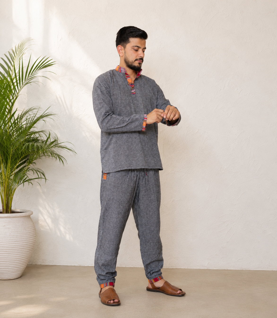 Himachali Cotton Kurta - Pajama Set - Dark Grey