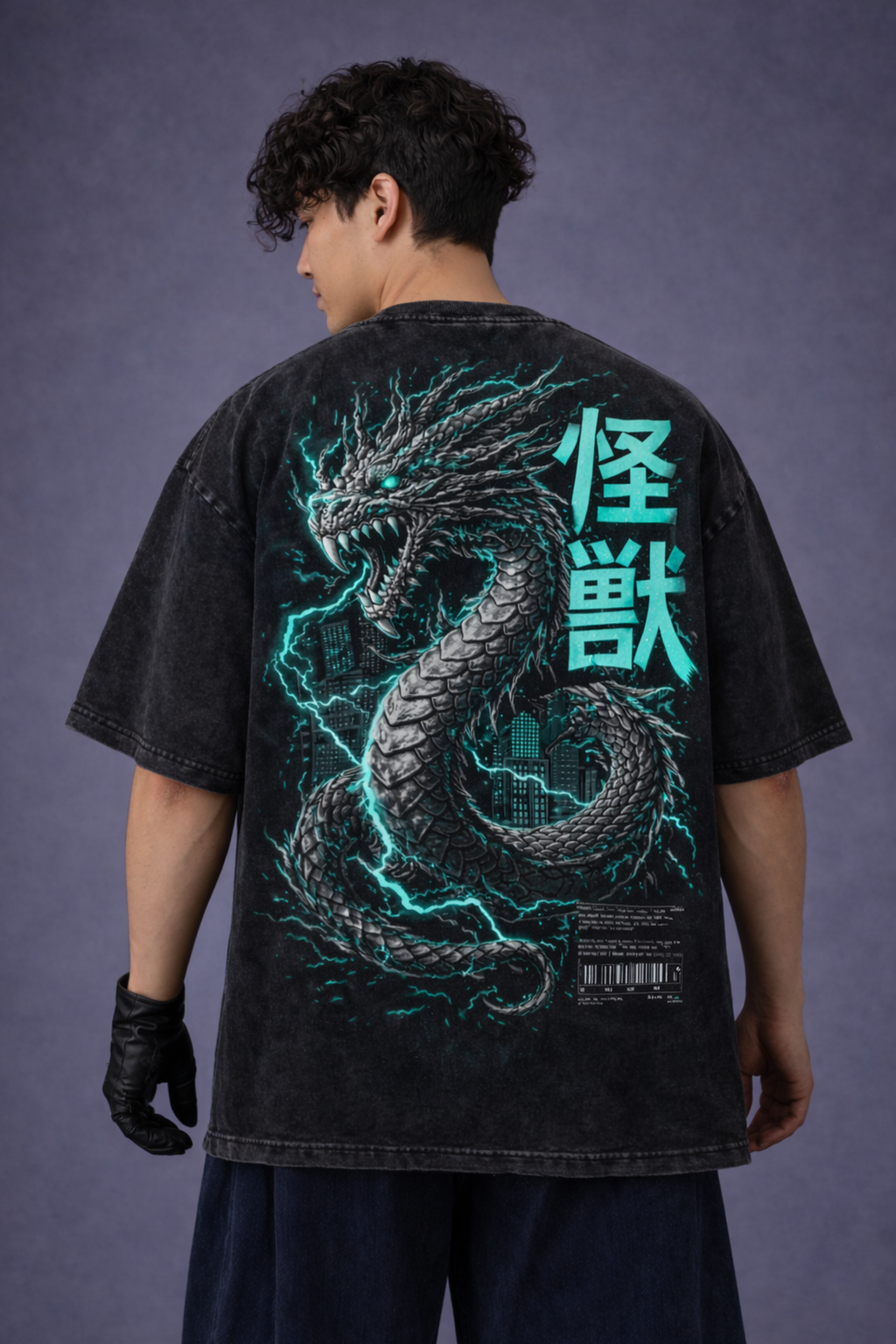 Kaiju Storm Acidwash Oversized Tee – Black