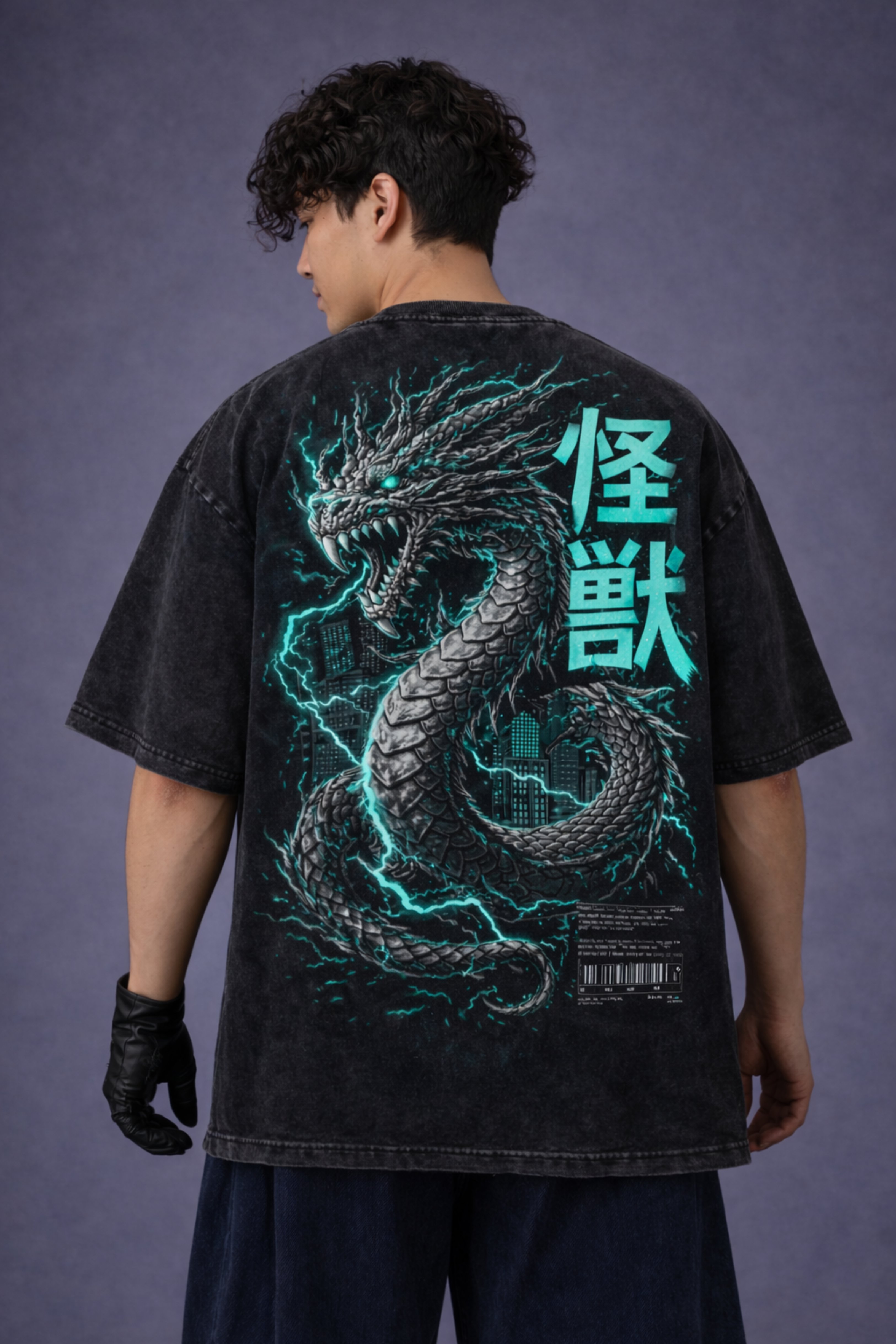 Kaiju Storm Acidwash Oversized Tee – Black