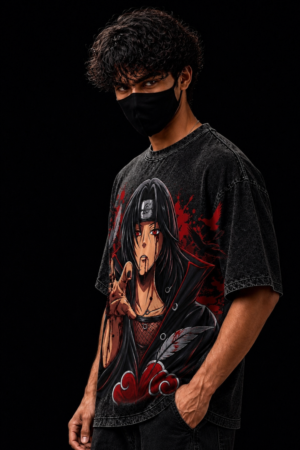 Itachi Uchiha Oversized Acidwash Tee– Black