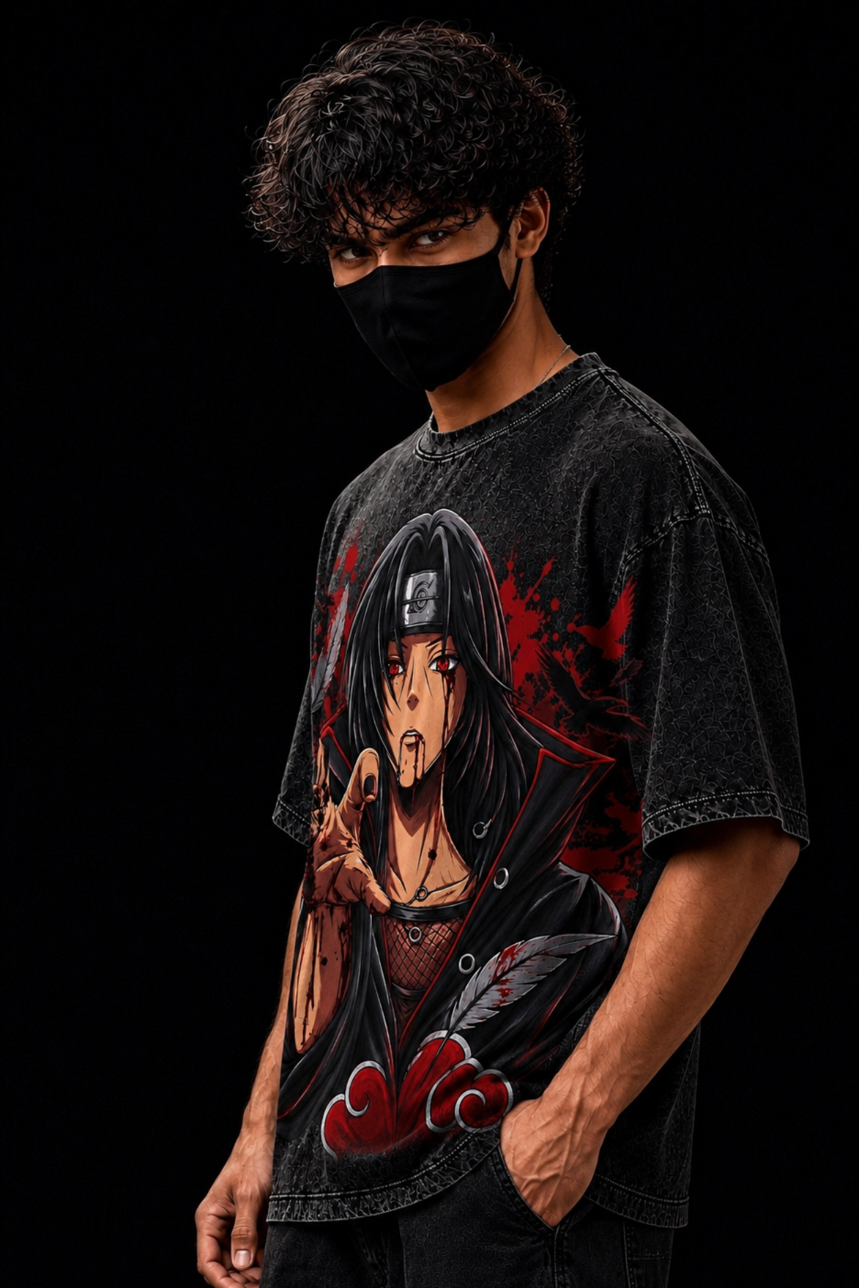 Itachi Uchiha Oversized Acidwash Tee– Black