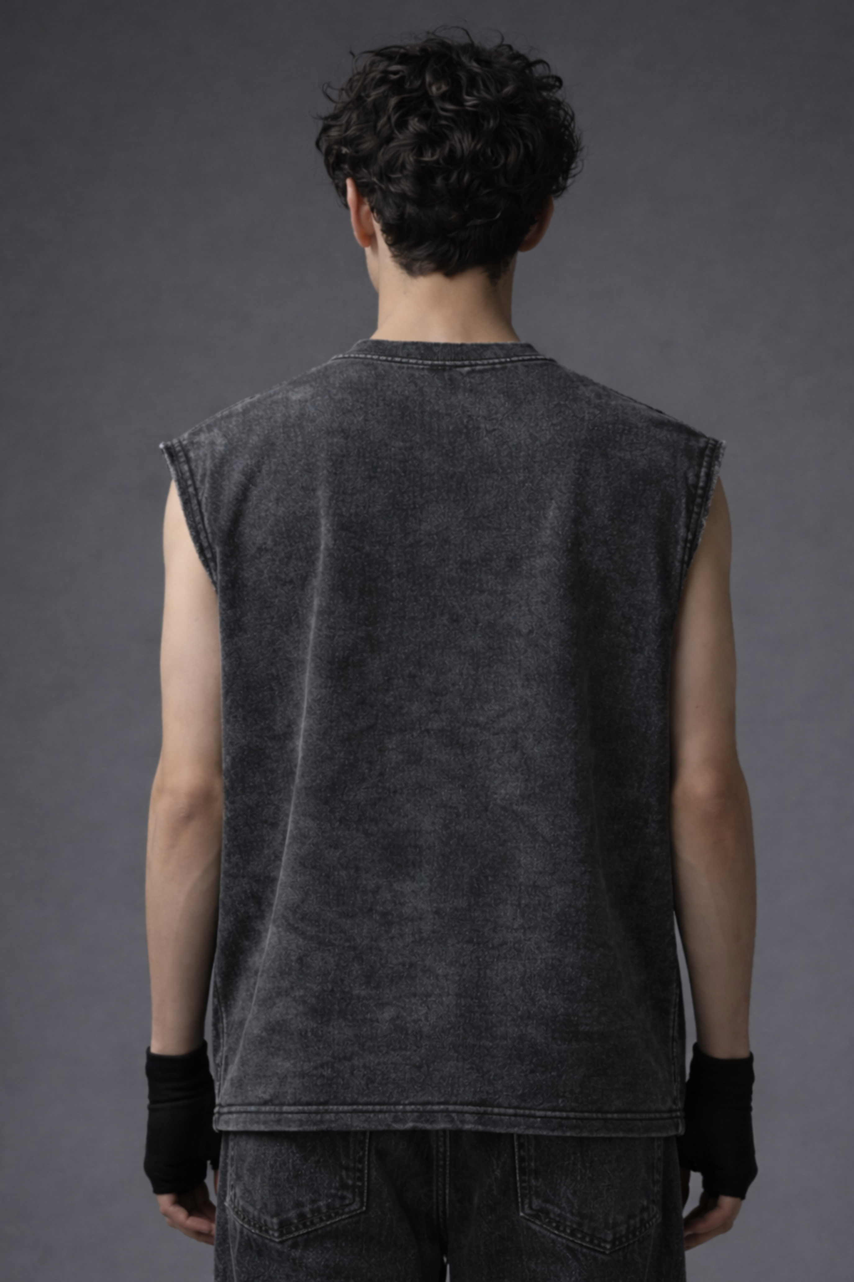 HILLSCRAFT Oversized Gym Vest - Acid Wash BLACK