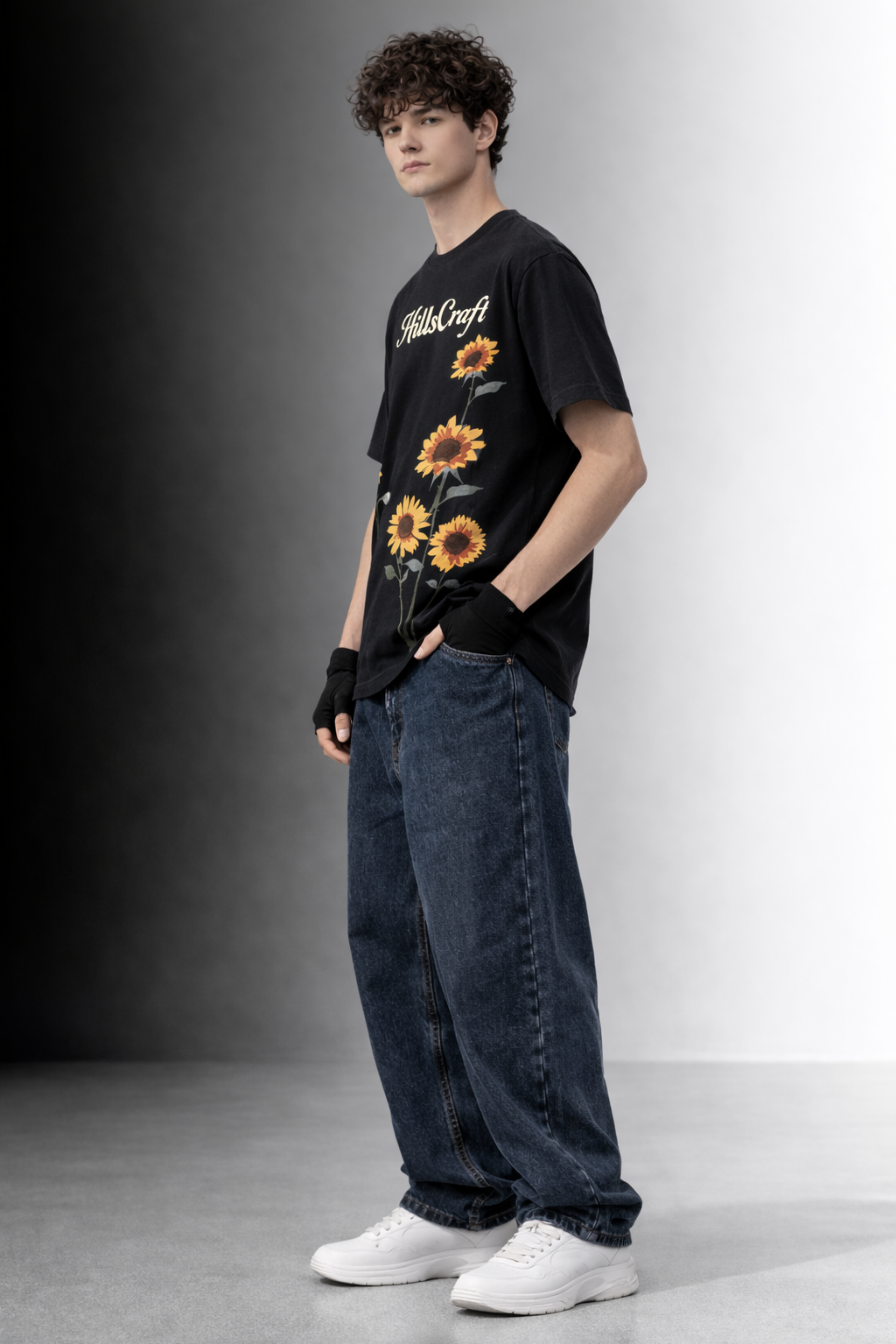 Hillscraft Sunflower Regular Fit T-Shirt- Black