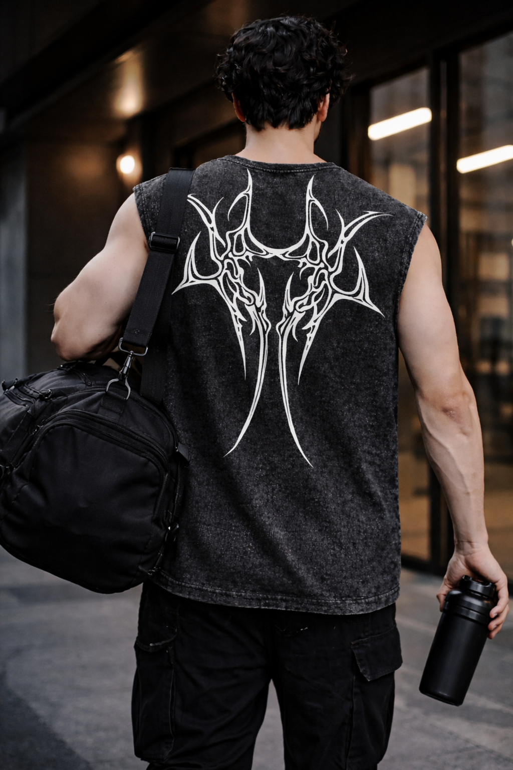 HILLSCRAFT TRIBAL Oversized Gym Vest - Acid Wash BLACK
