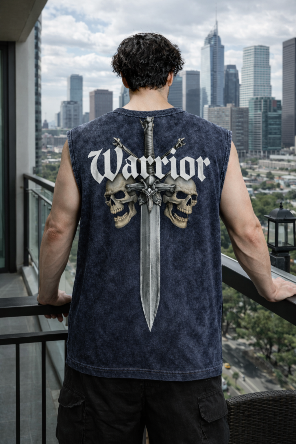 WARRIOR SKULL Oversized Gym Vest - Acid Wash BLUE