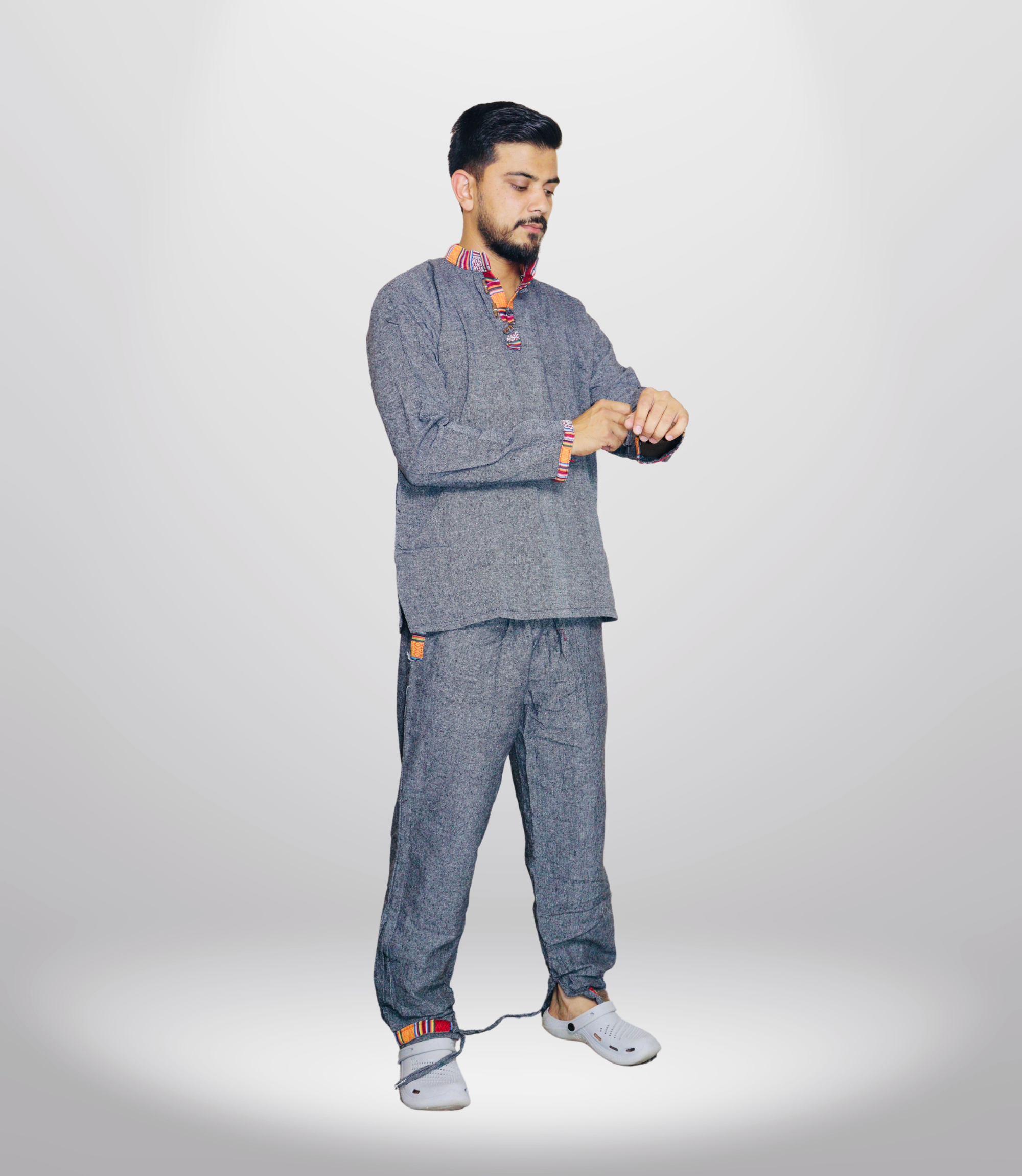 Himachali Cotton Kurta - Pajama - Dark Grey