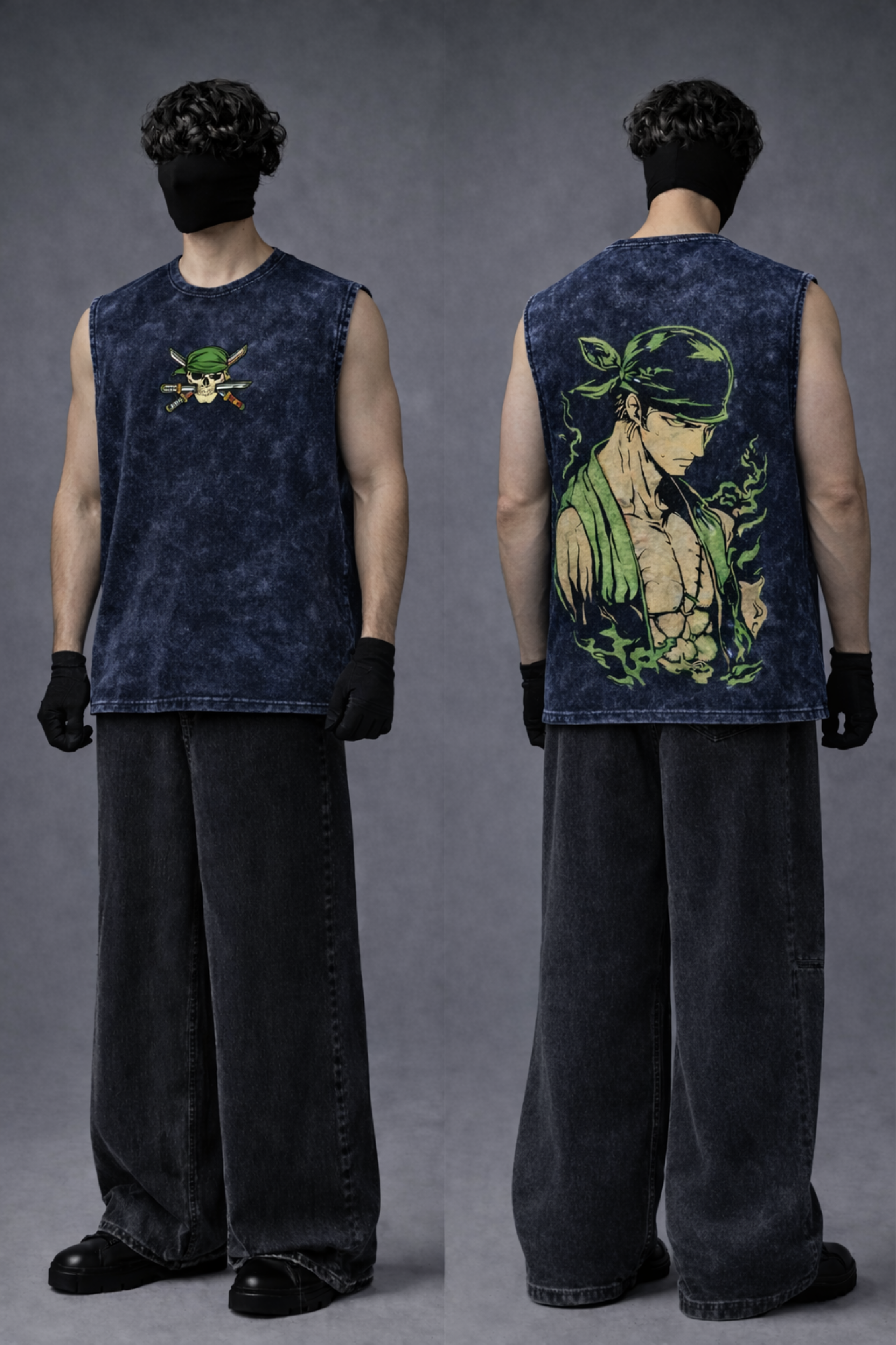 ZORO SHADOW FLAME  Oversized Gym Vest - Acid Wash BLUE