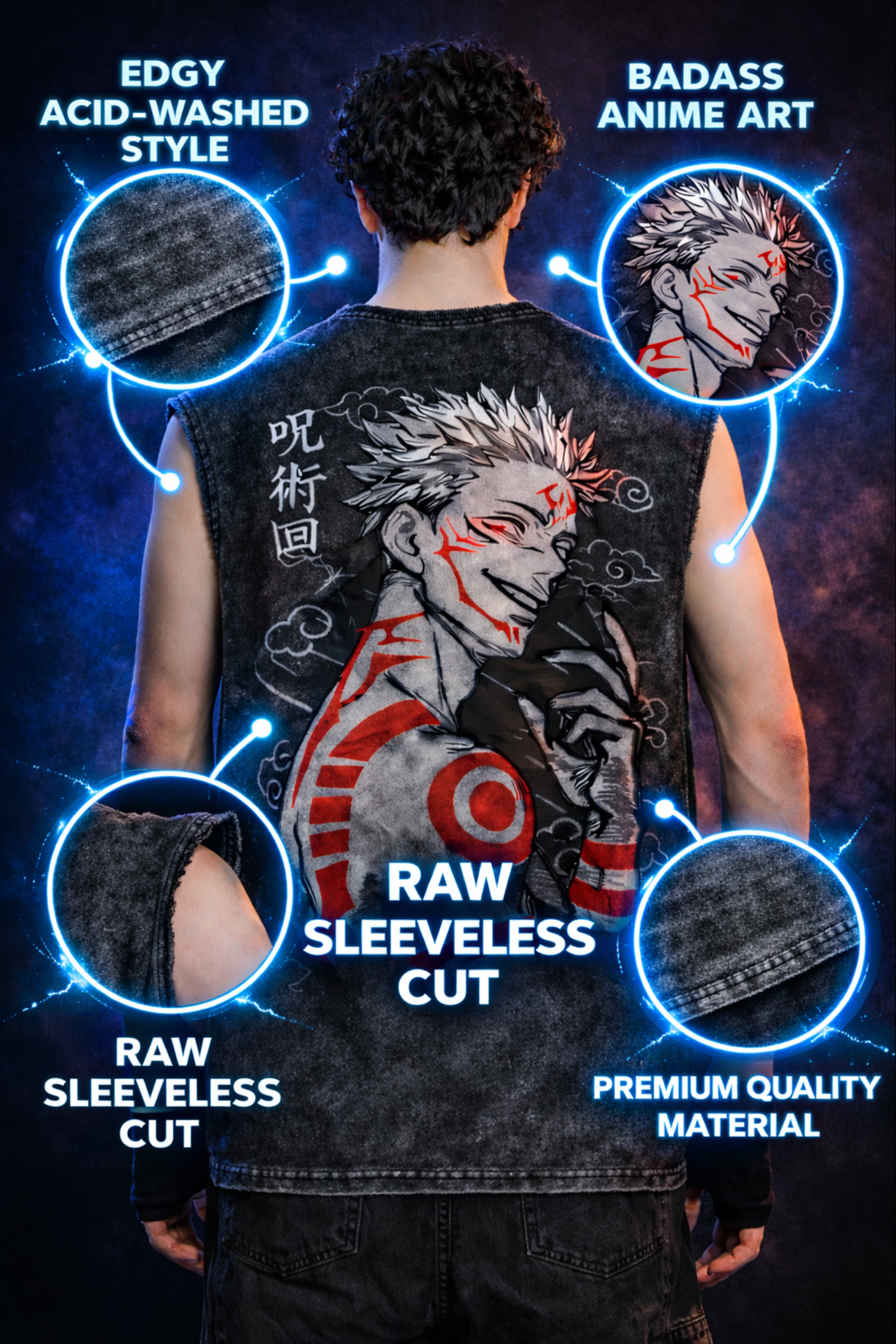 SUKUNA Oversized Gym Vest - Acid Wash BLACK