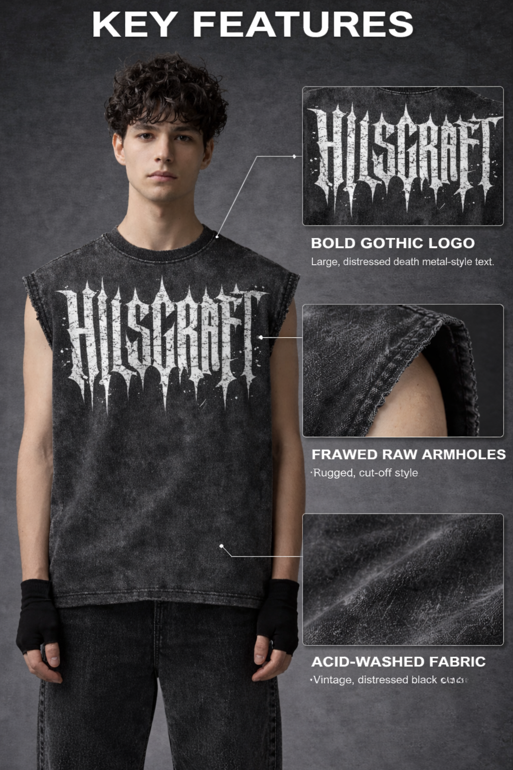 HILLSCRAFT Oversized Gym Vest - Acid Wash BLACK