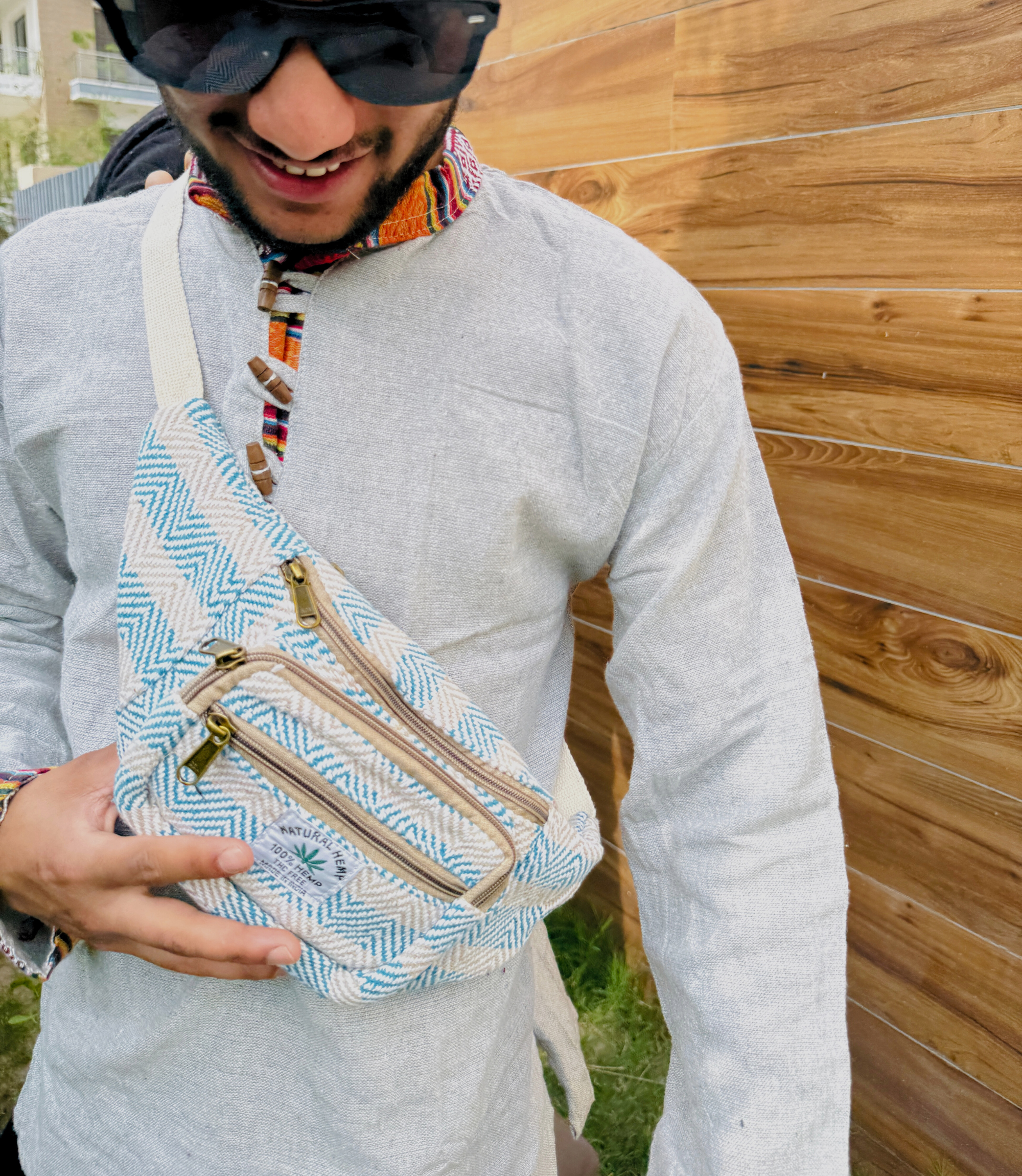 Hemp Waist Bag - SkyBlue White
