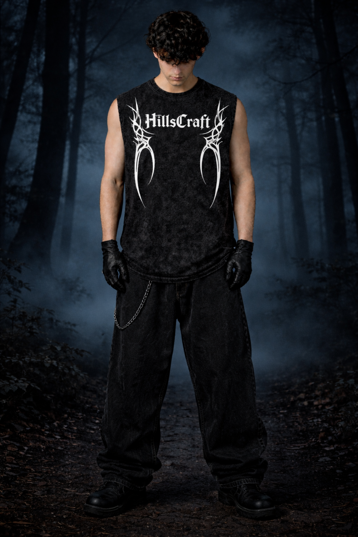 HILLSCRAFT TRIBAL Oversized Gym Vest - Acid Wash BLACK