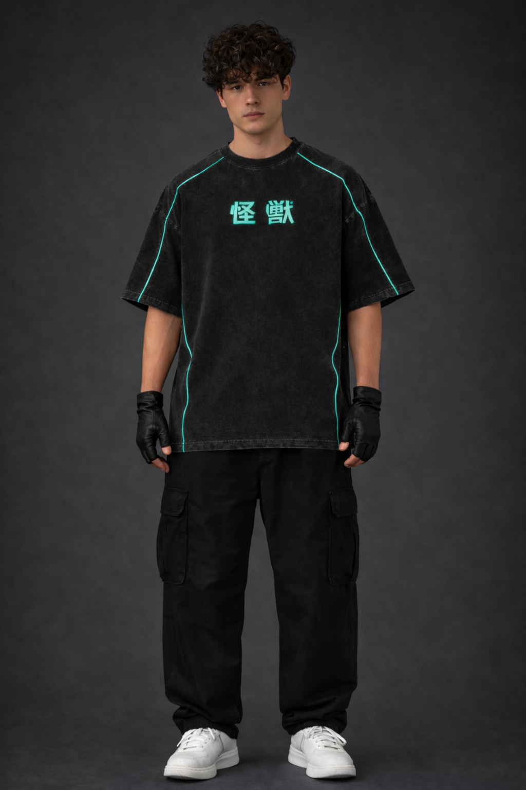 Kaiju Storm Acidwash Oversized Tee – Black