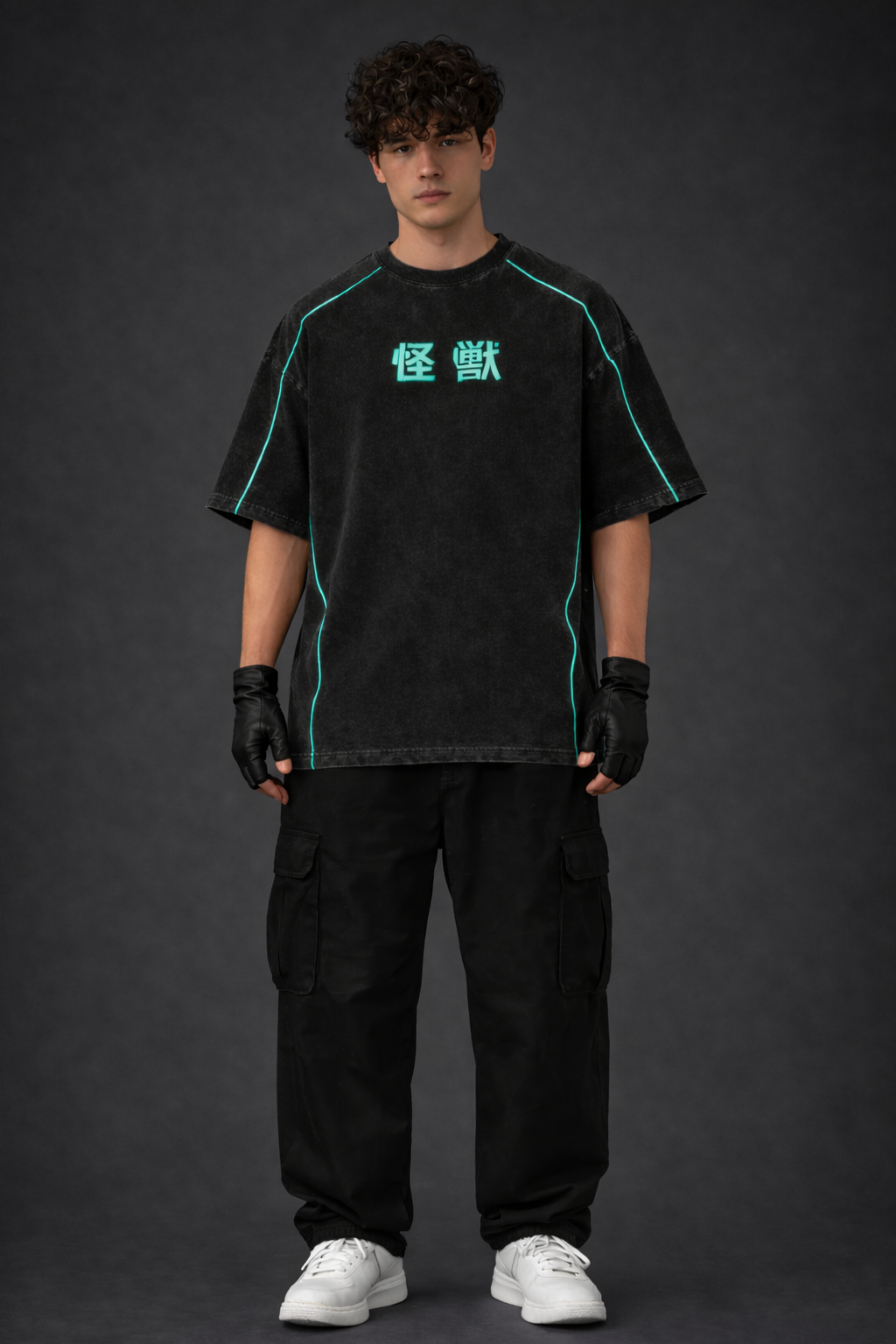 Kaiju Storm Acidwash Oversized Tee – Black