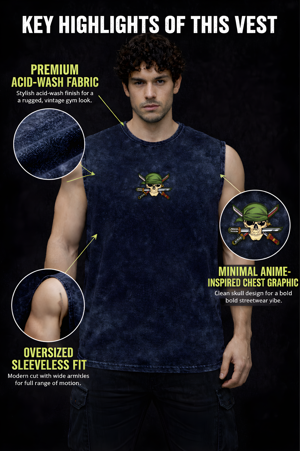 ZORO SHADOW FLAME  Oversized Gym Vest - Acid Wash BLUE