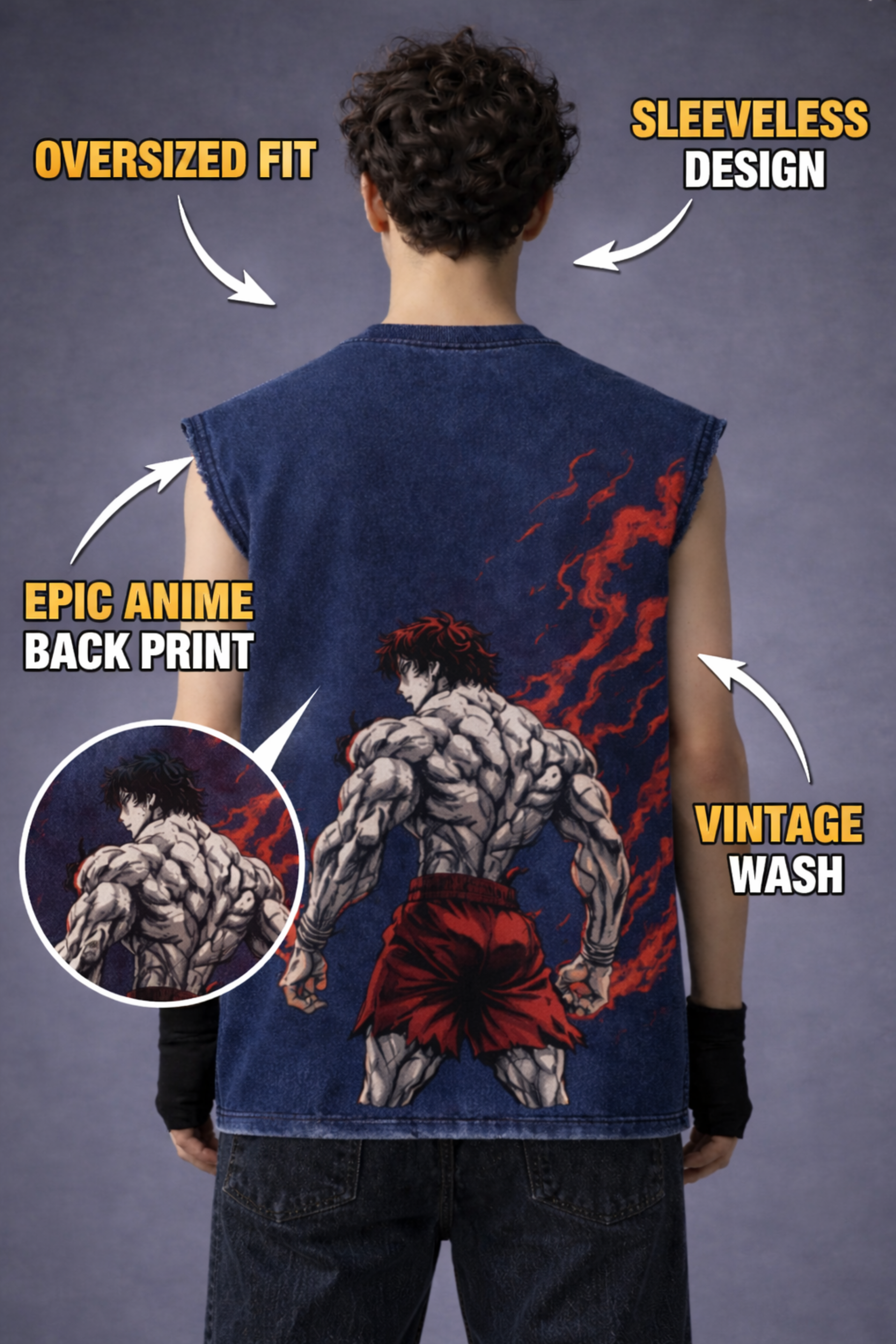 BAKI Oversized Gym Vest - Acid Wash BLUE