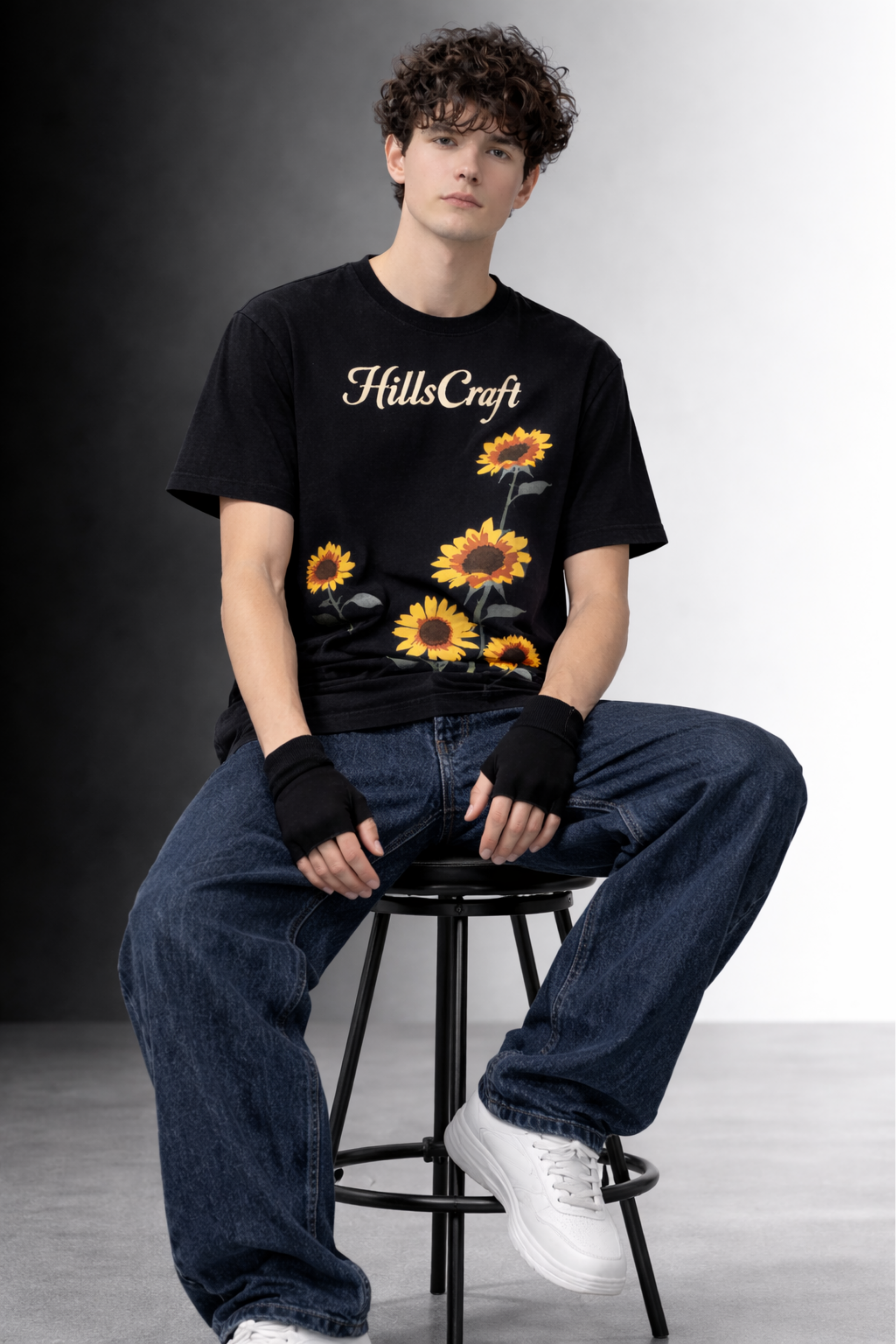 Hillscraft Sunflower Regular Fit T-Shirt- Black