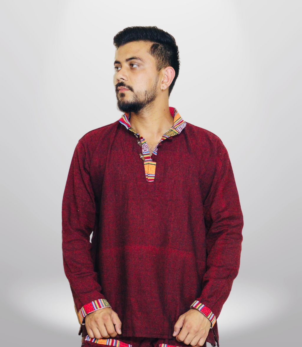 Cotton Khadi Ethnic Shirt - Maroon
