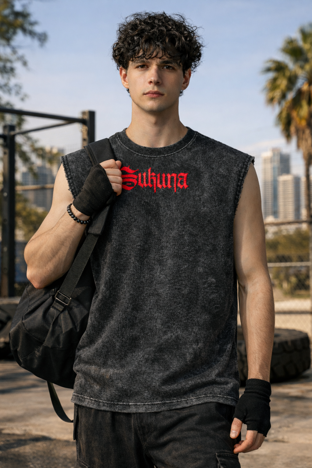 SUKUNA Oversized Gym Vest - Acid Wash BLACK
