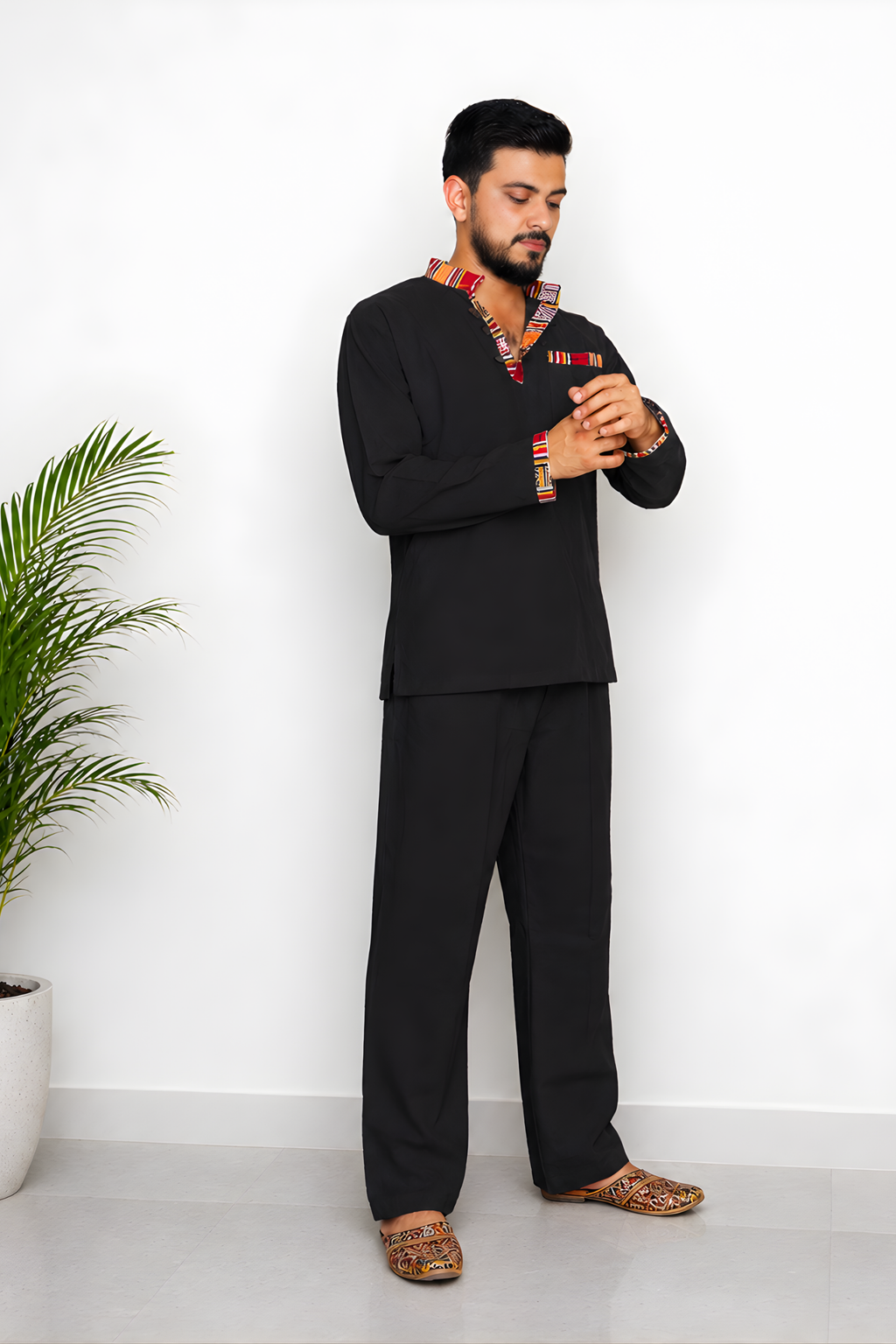 Pahadi Ethnic Kurta Pajama Set - BLACK