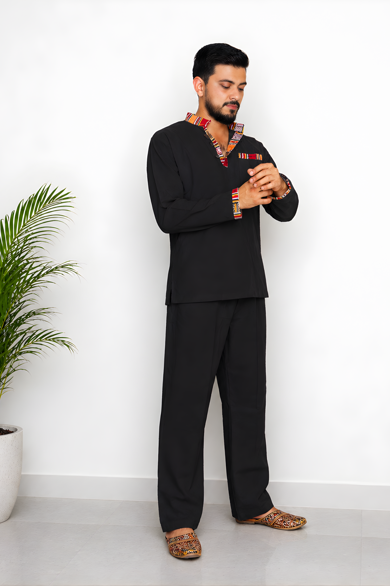 Pahadi Ethnic Kurta Pajama Set - BLACK