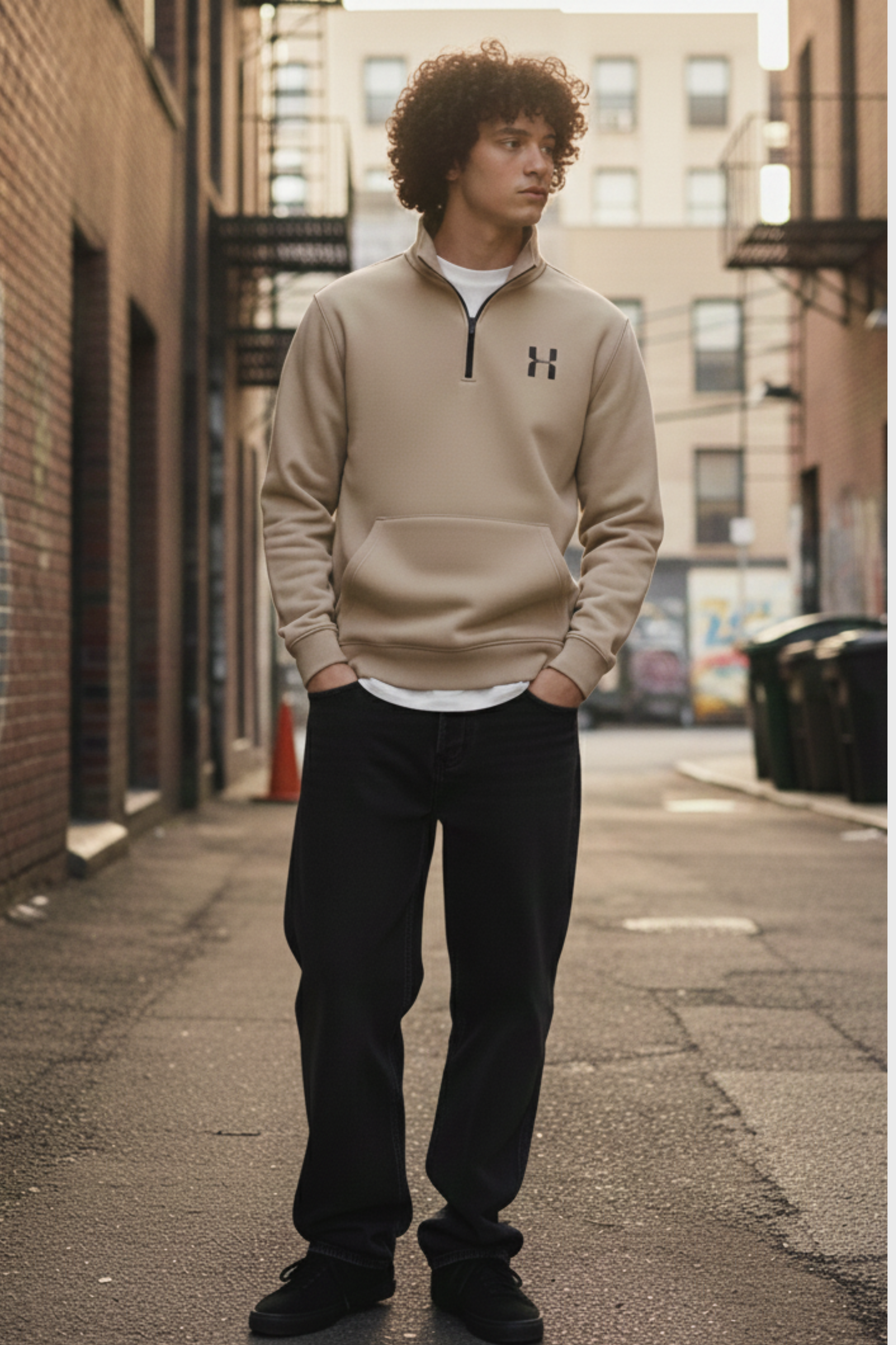 Half Zip Premium Hoodie- Beige