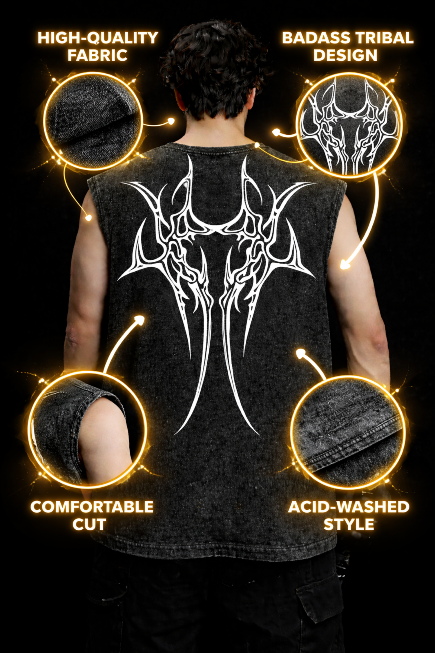 HILLSCRAFT TRIBAL Oversized Gym Vest - Acid Wash BLACK