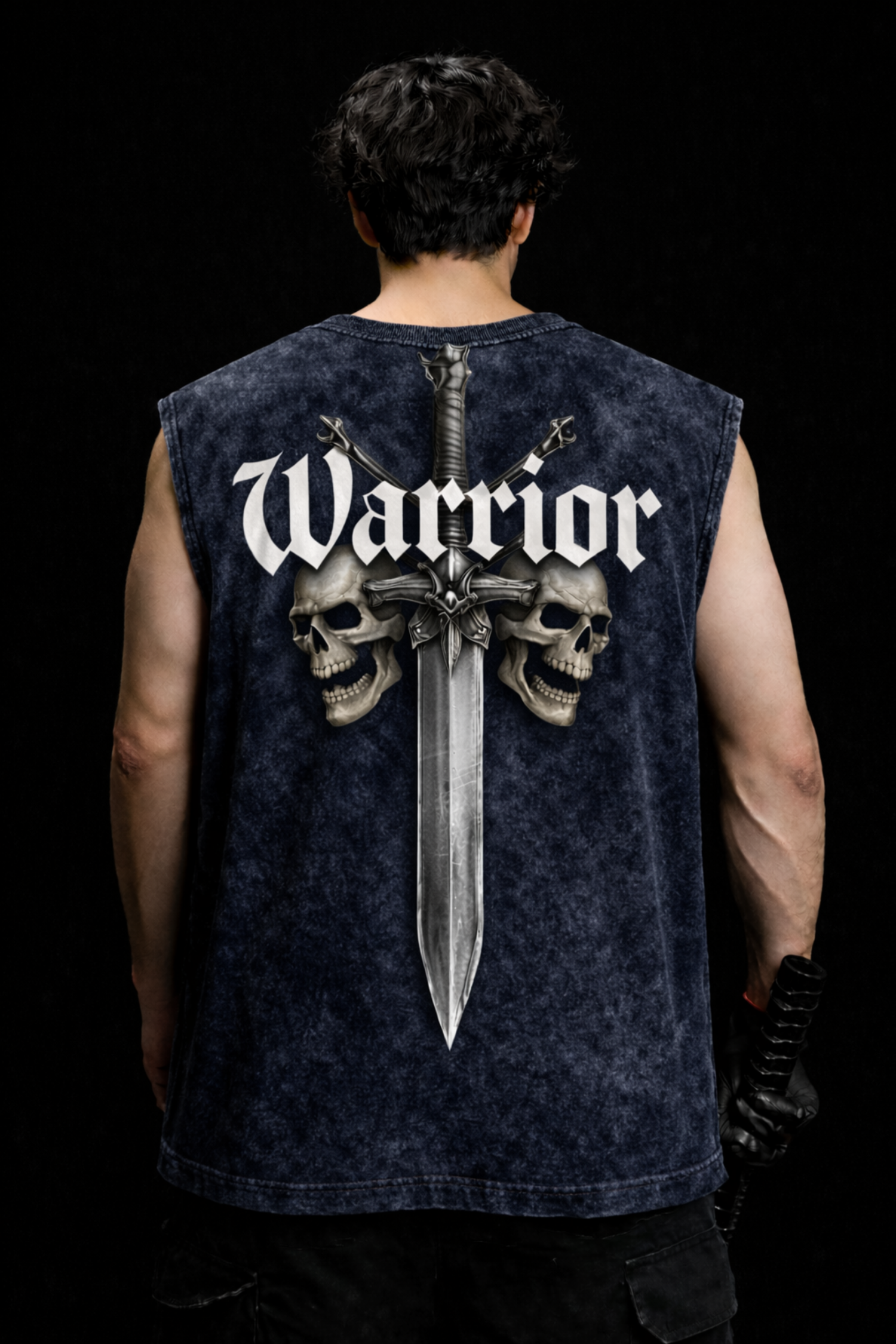 WARRIOR SKULL Oversized Gym Vest - Acid Wash BLUE