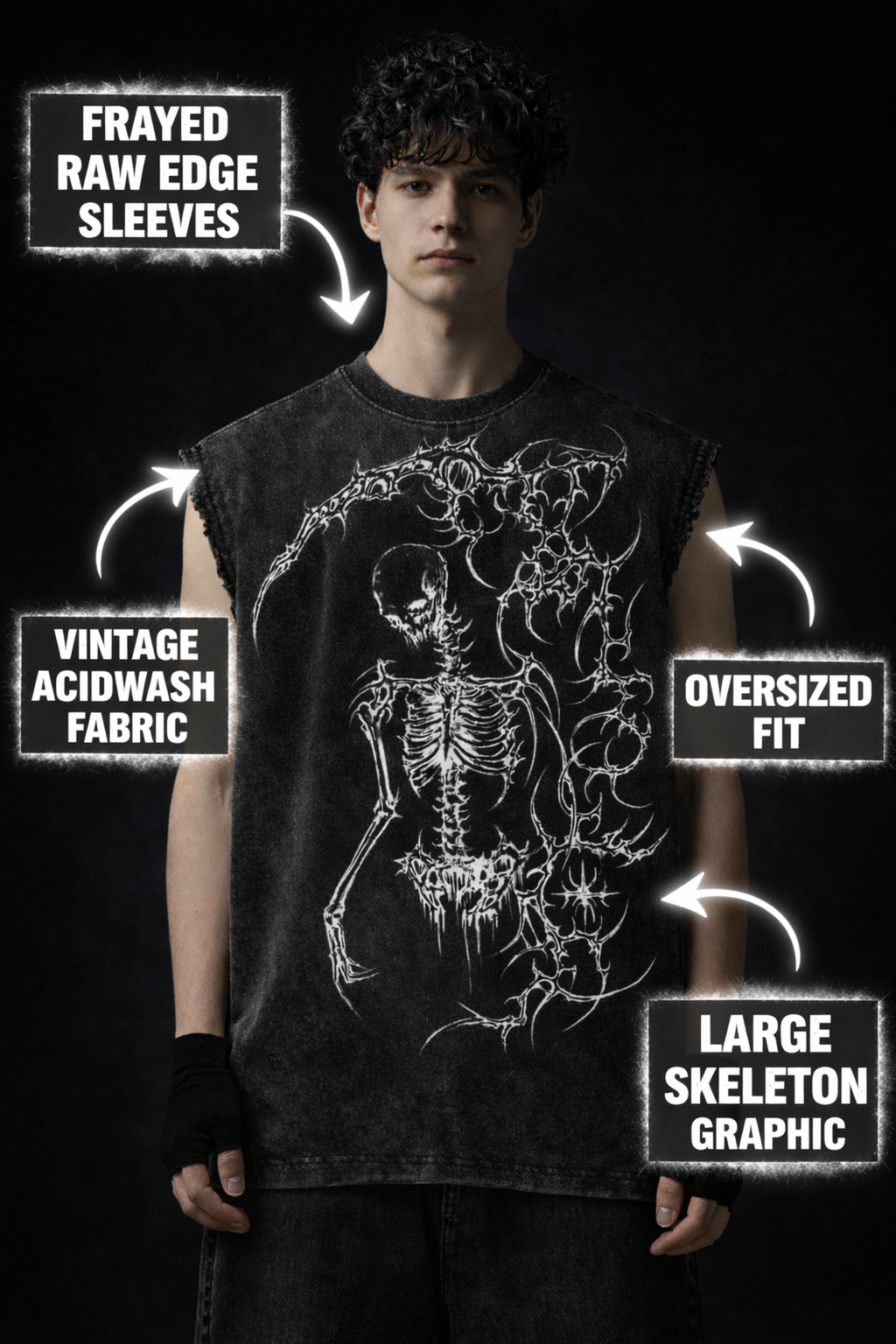 SHADOW REAPER Oversized Gym Vest - Acid Wash BLACK