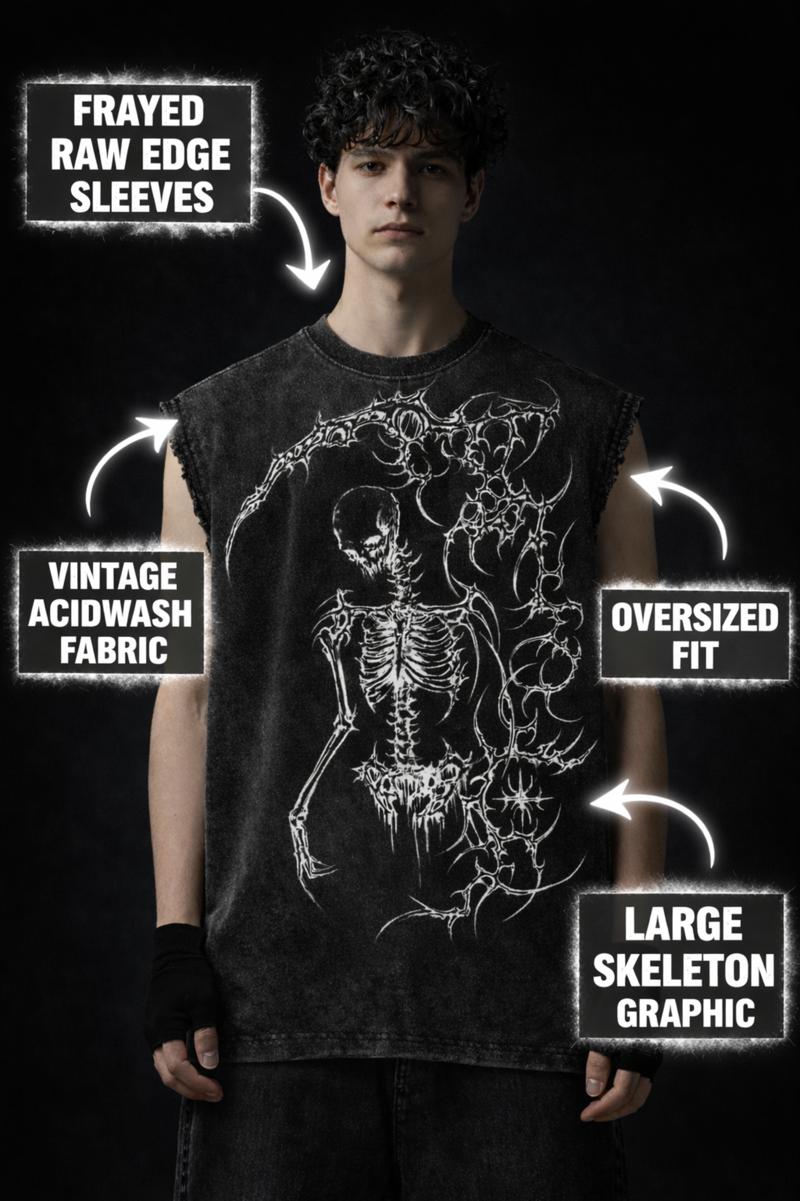 SHADOW REAPER Oversized Gym Vest - Acid Wash BLACK