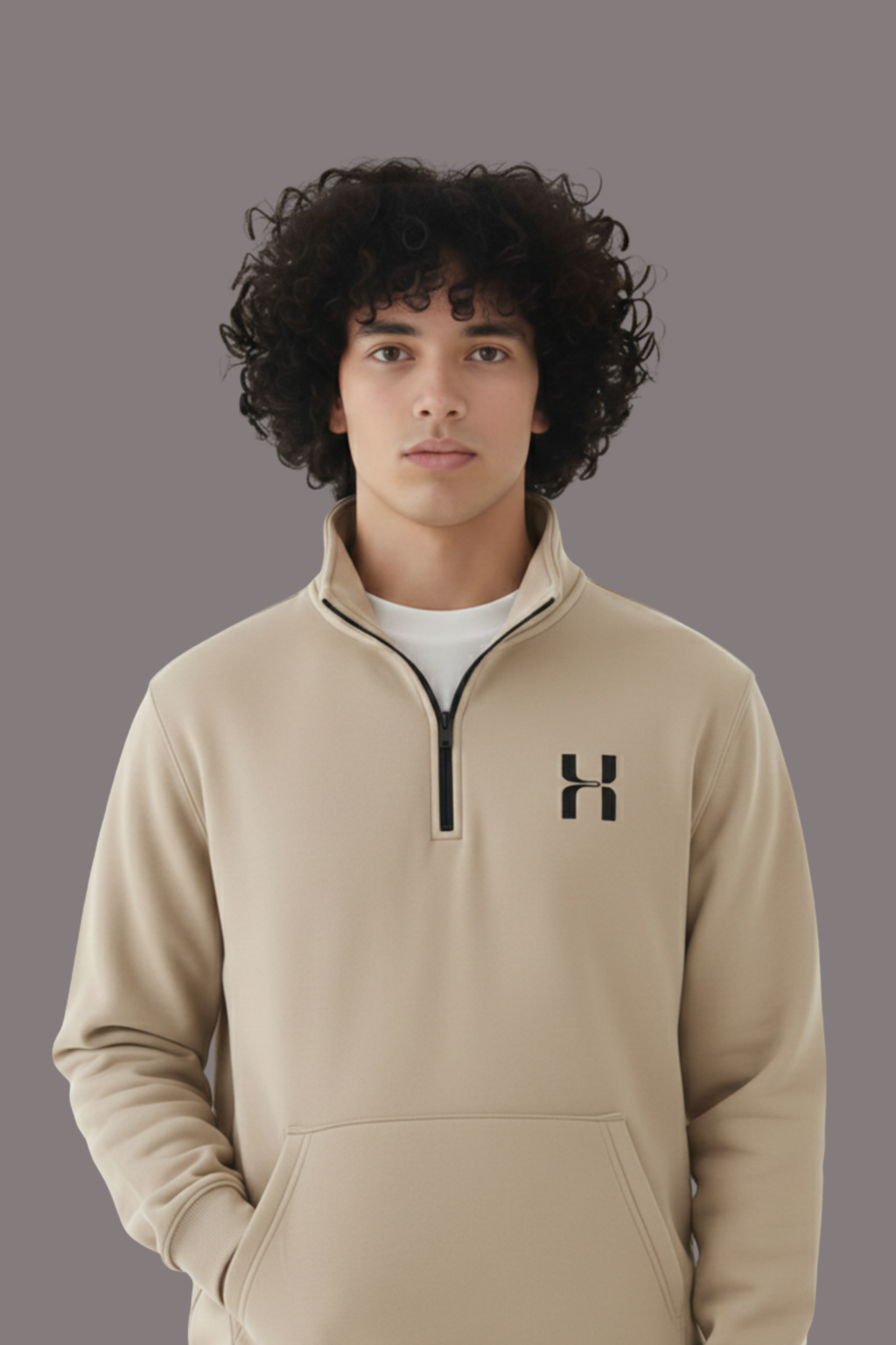 Half Zip Premium Hoodie- Beige