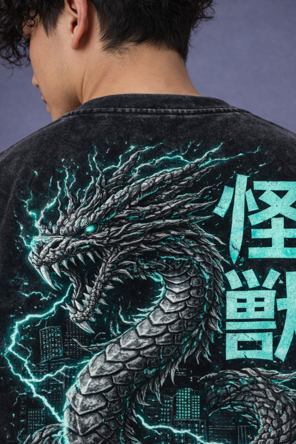 Kaiju Storm Acidwash Oversized Tee – Black