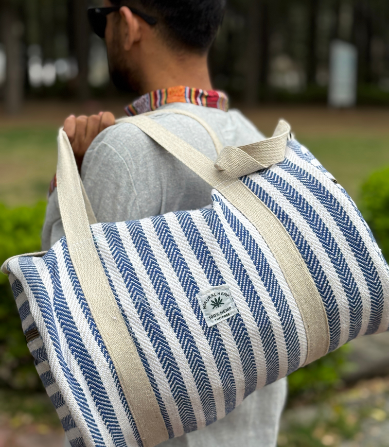 Hemp Duffle GYM Bag - Blue - White