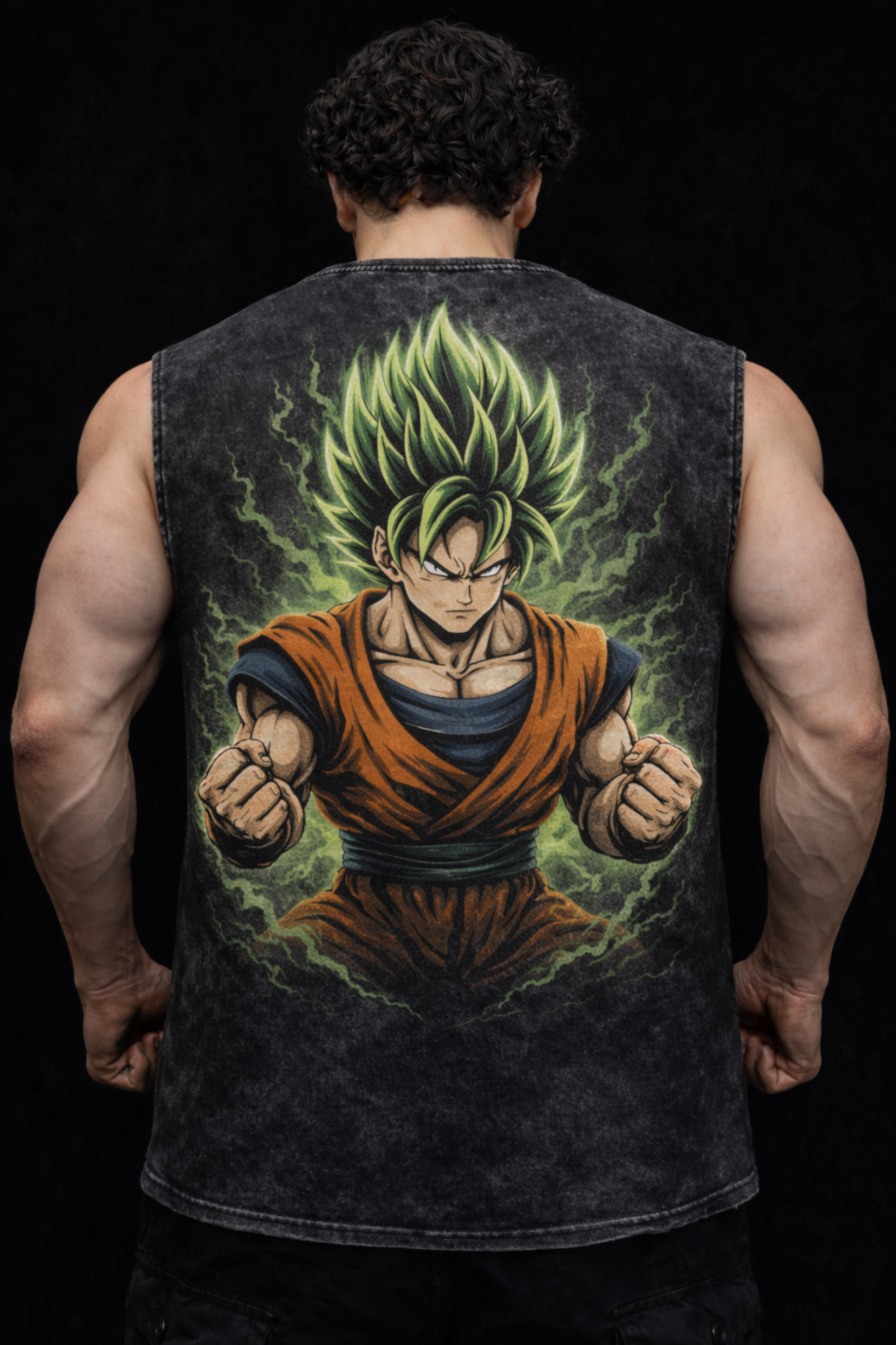 SAIYAN RAGE Oversized Gym Vest - Acid Wash BLACK