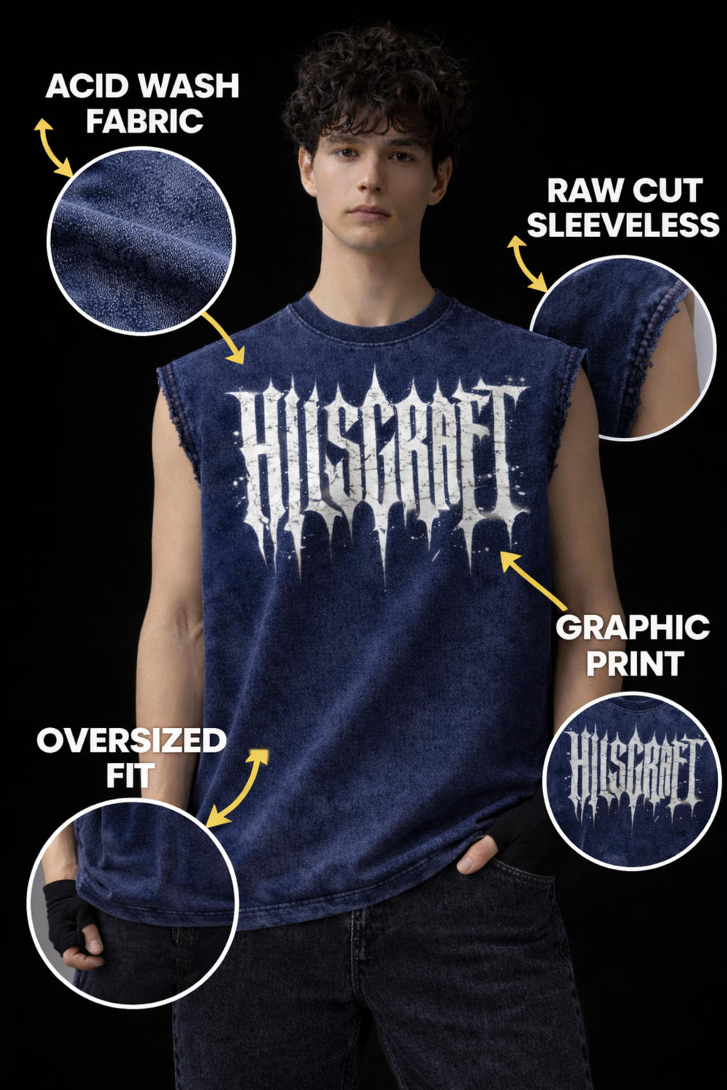 HILLSCRAFT Oversized Gym Vest - Acid Wash BLUE