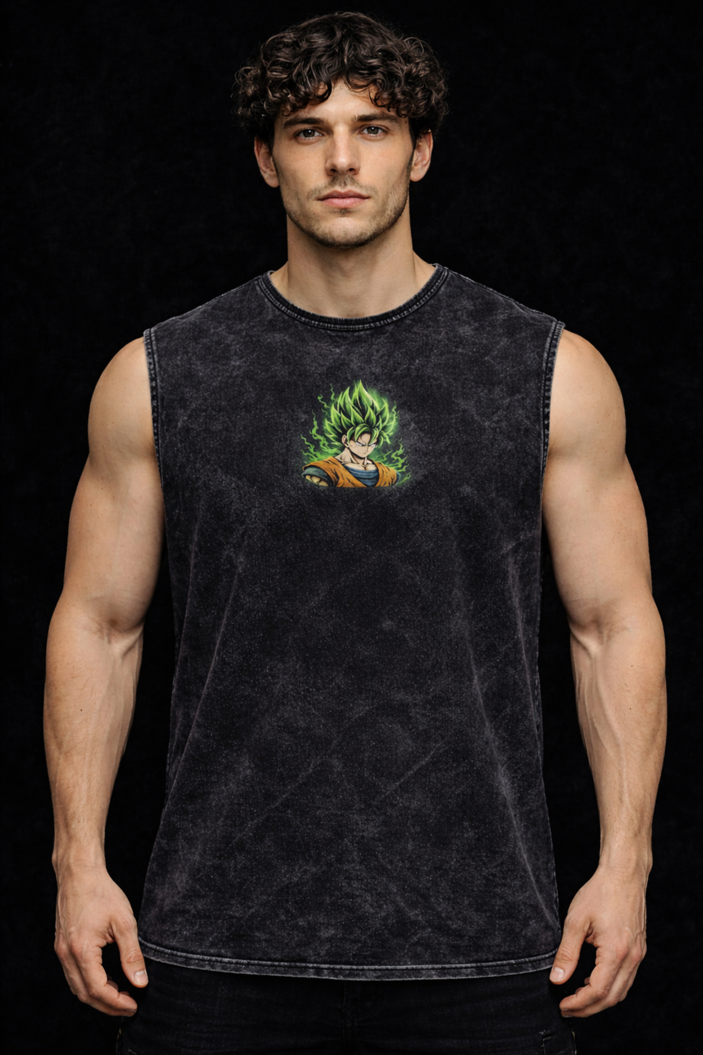 SAIYAN RAGE Oversized Gym Vest - Acid Wash BLACK