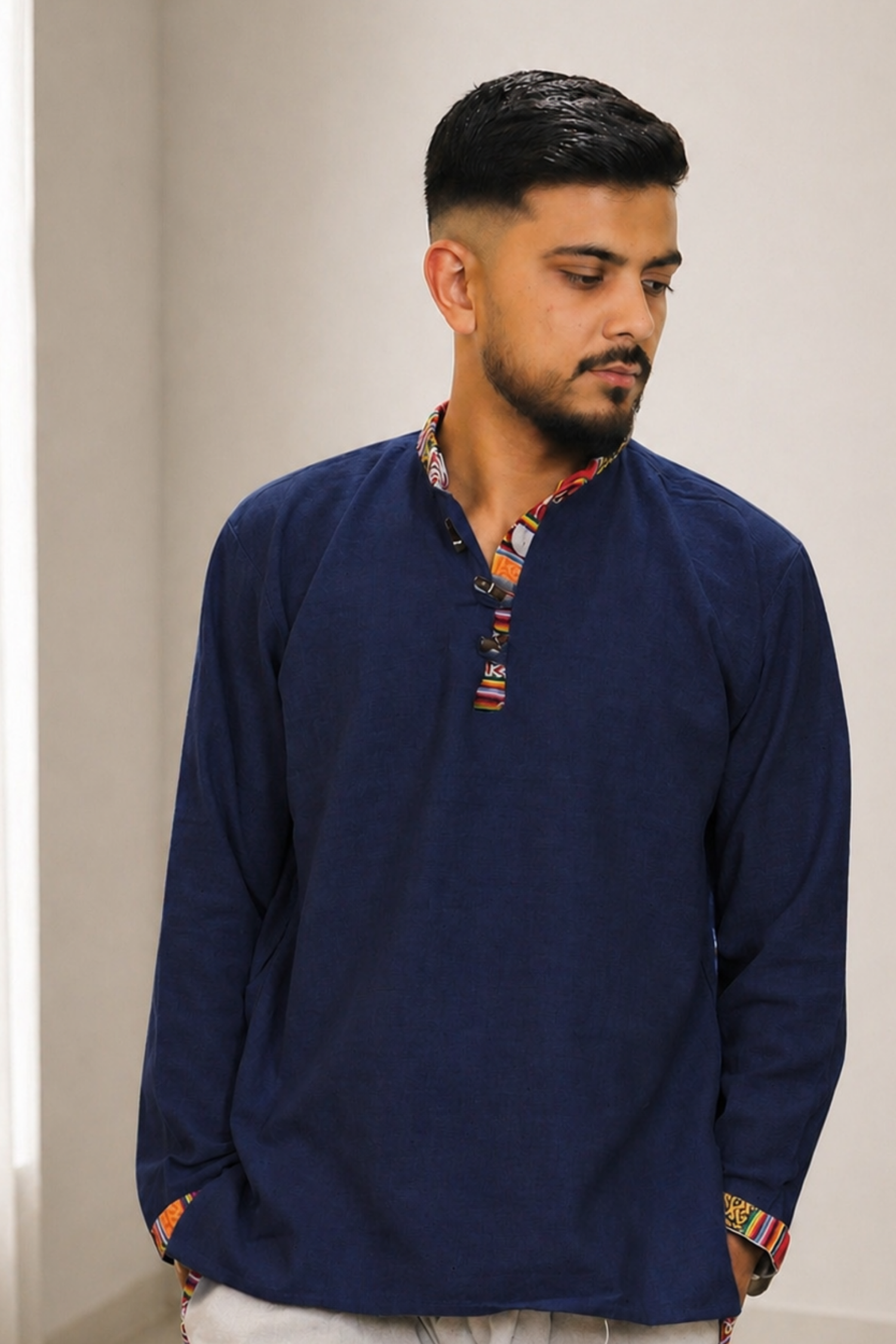 Cotton Pahadi Ethnic Kurta -NAVY BLUE