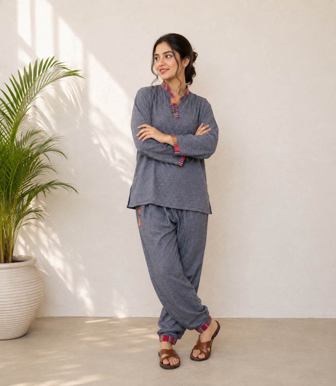 Himachali Cotton Kurta - Pajama Set - Dark Grey