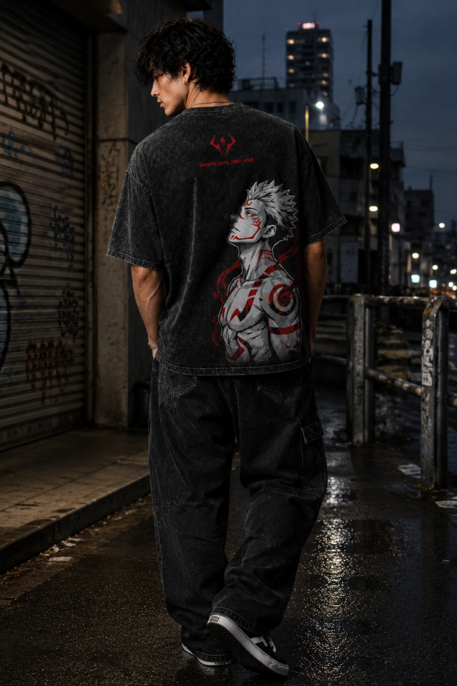 Sukuna Curse Acidwash Oversized Tee – Black