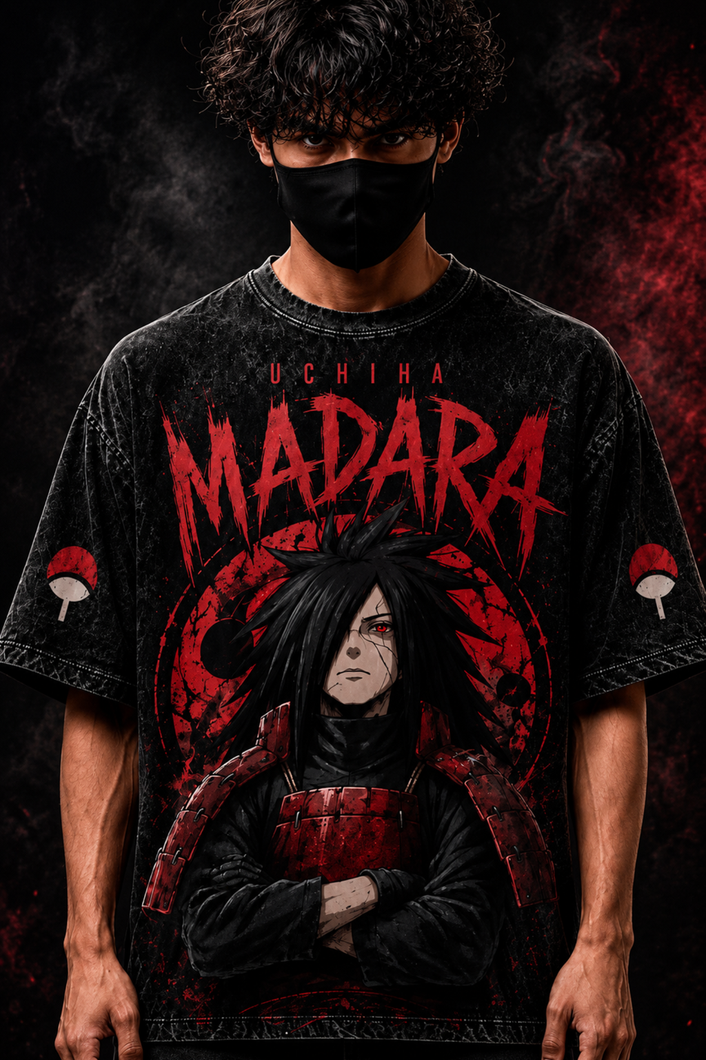 Uchiha Madara Acidwash Oversized Tee – Black