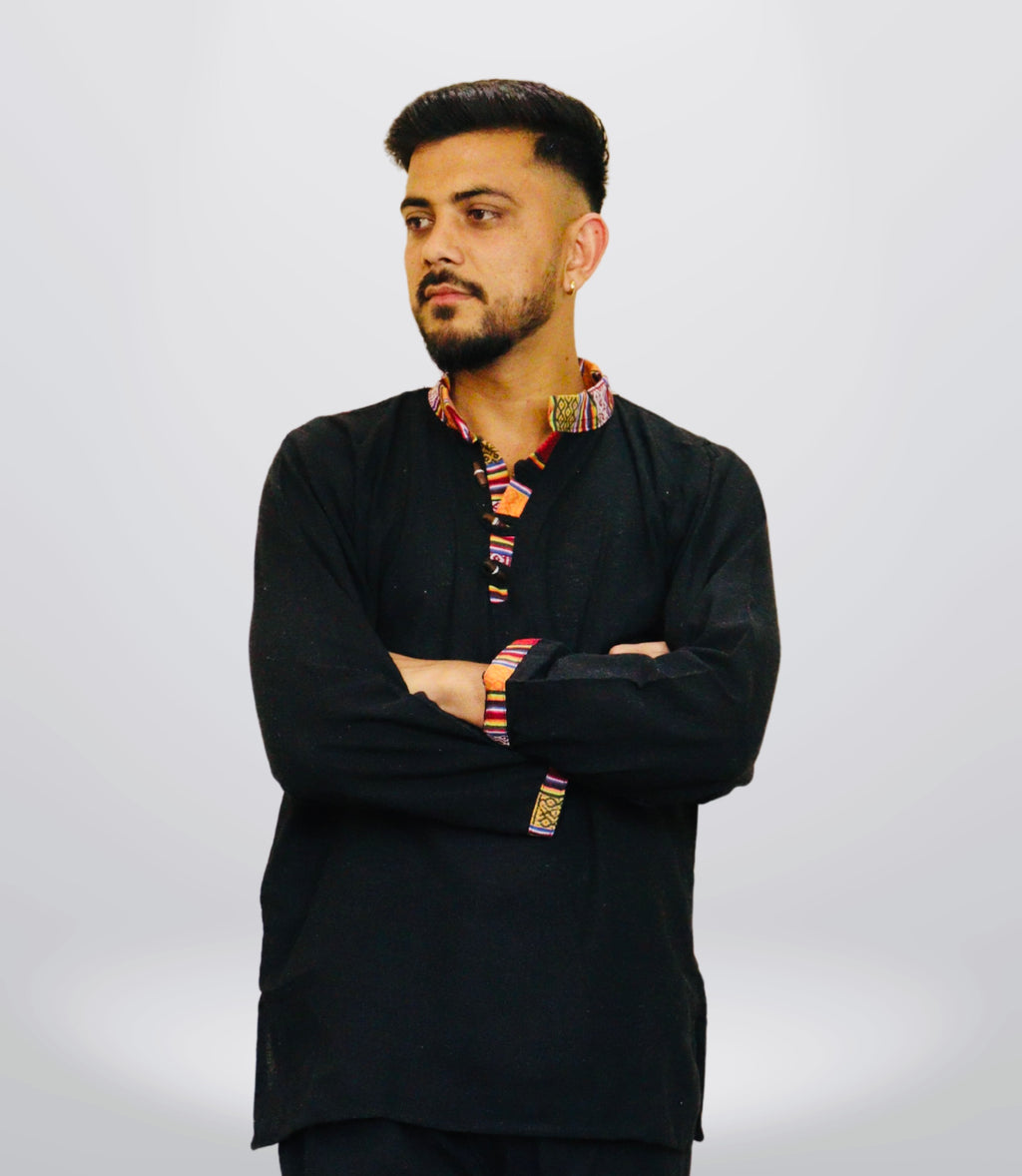 Cotton Khadi Ethnic Shirt - Black