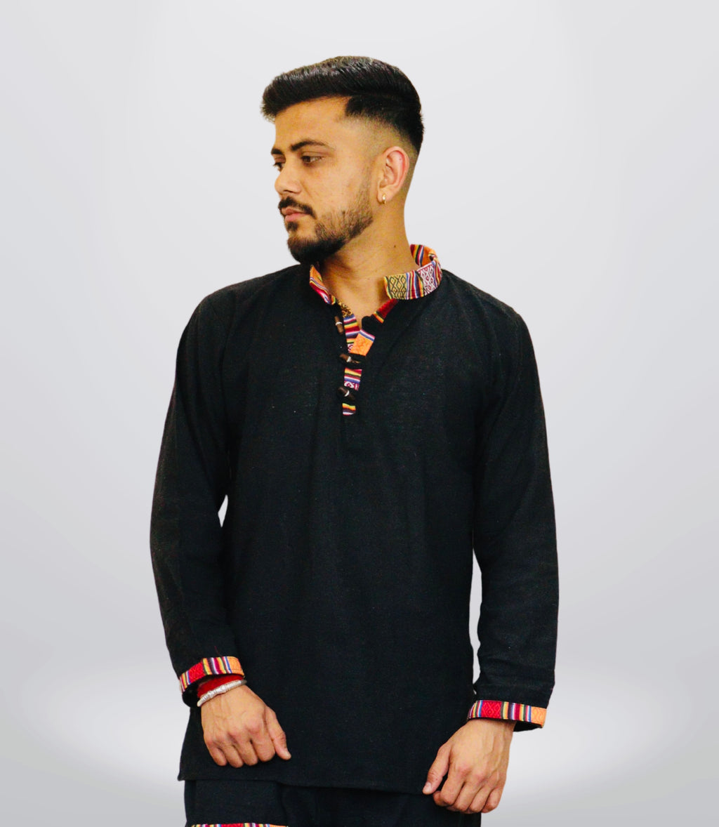 Cotton Khadi Ethnic Shirt - Black