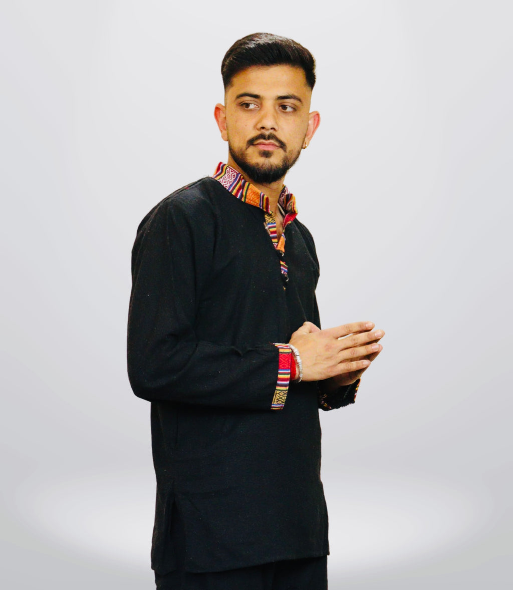Cotton Khadi Ethnic Shirt - Black