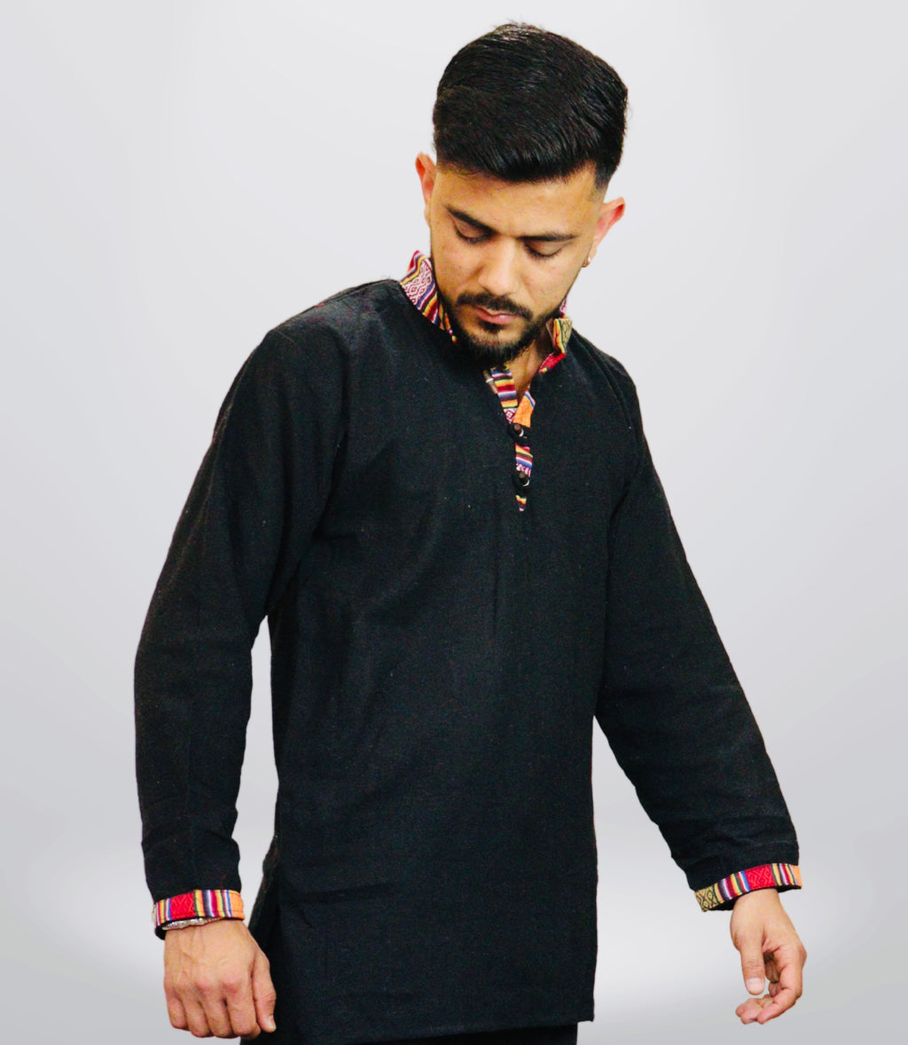 Cotton Khadi Ethnic Shirt - Black