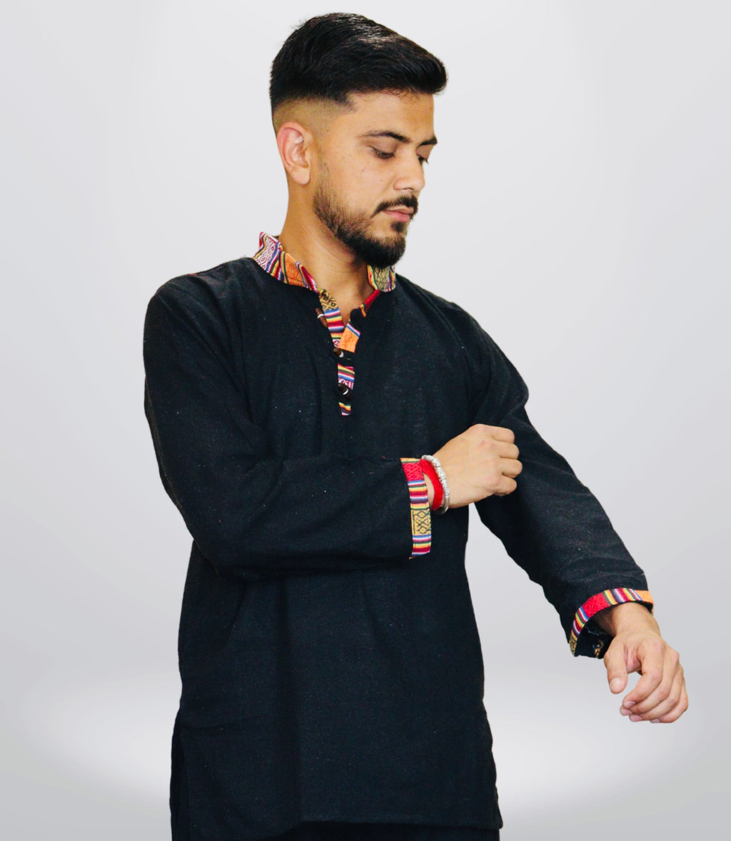 Cotton Khadi Ethnic Shirt - Black
